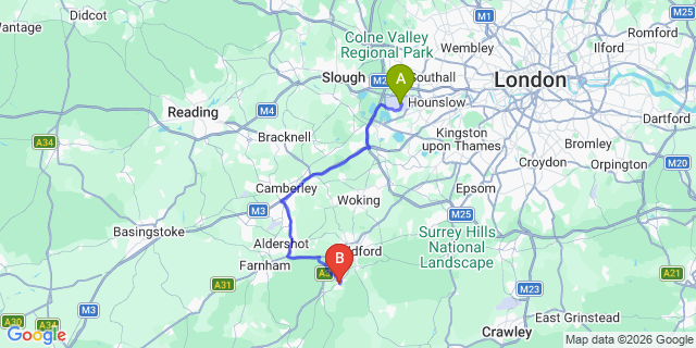 Map: London Heathrow Airport (LHR) to Godalming