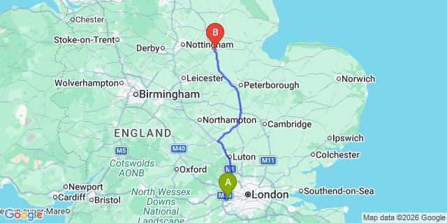 Map: London Heathrow Airport (LHR) to Grantham