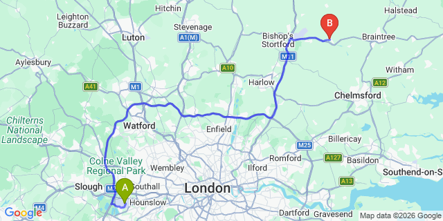 Map: London Heathrow Airport (LHR) to Great Dunmow