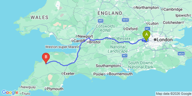 Map: London Heathrow Airport (LHR) to Great Torrington