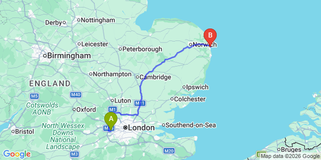 Map: London Heathrow Airport (LHR) to Great Yarmouth