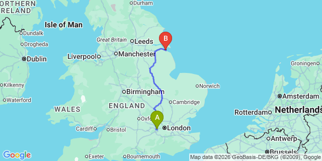 Map: London Heathrow Airport (LHR) to Grimsby