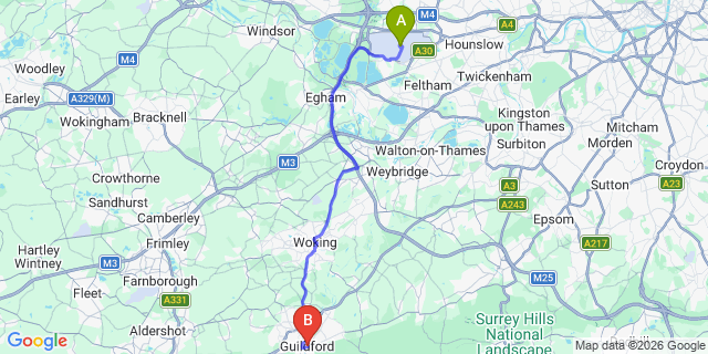 Map: London Heathrow Airport (LHR) to Guildford