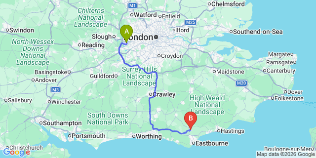 Map: London Heathrow Airport (LHR) to Hailsham
