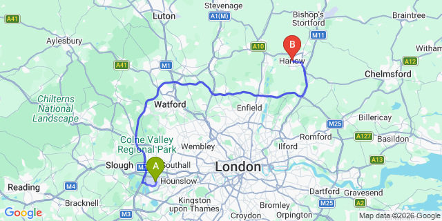 Map: London Heathrow Airport (LHR) to Harlow