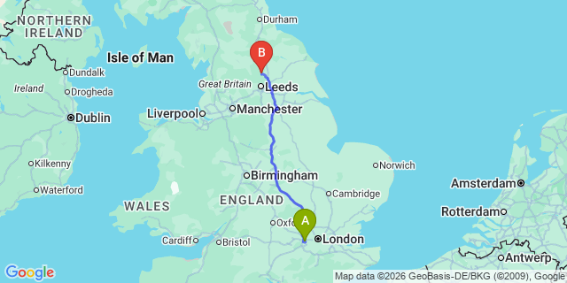 Map: London Heathrow Airport (LHR) to Harrogate