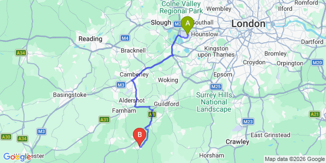 Map: London Heathrow Airport (LHR) to Haslemere