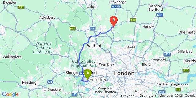 Map: London Heathrow Airport (LHR) to Hatfield