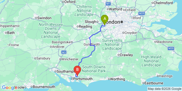 Map: London Heathrow Airport (LHR) to Havant
