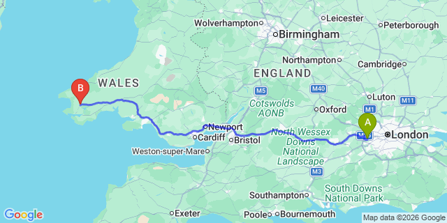 Map: London Heathrow Airport (LHR) to Haverfordwest