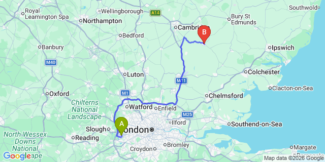 Map: London Heathrow Airport (LHR) to Haverhill
