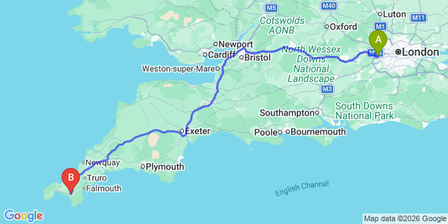Map: London Heathrow Airport (LHR) to Helston