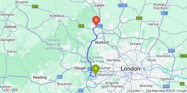 Map: London Heathrow Airport (LHR) to Hemel Hempstead
