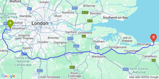 Map: London Heathrow Airport (LHR) to Herne Bay