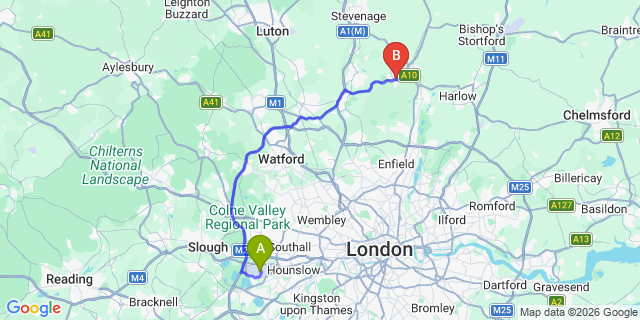 Map: London Heathrow Airport (LHR) to Hertford