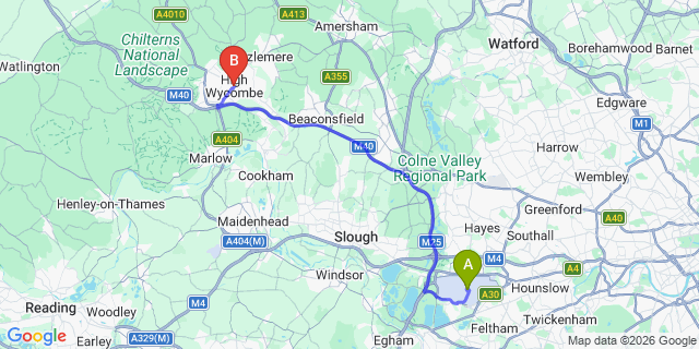Map: London Heathrow Airport (LHR) to High Wycombe