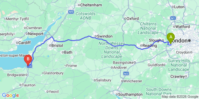 Map: London Heathrow Airport (LHR) to Highbridge