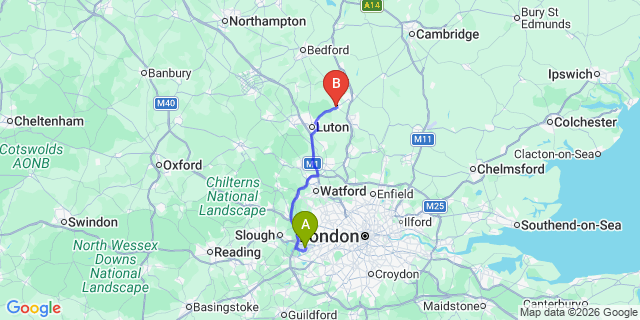 Map: London Heathrow Airport (LHR) to Hitchin