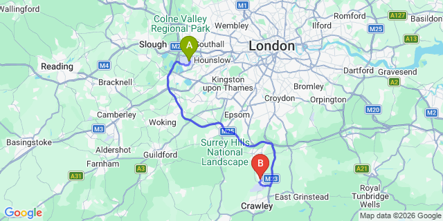 Map: London Heathrow Airport (LHR) to Horley