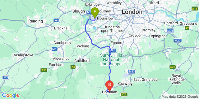Map: London Heathrow Airport (LHR) to Horsham