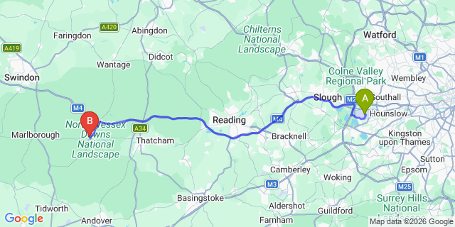 Map: London Heathrow Airport (LHR) to Hungerford
