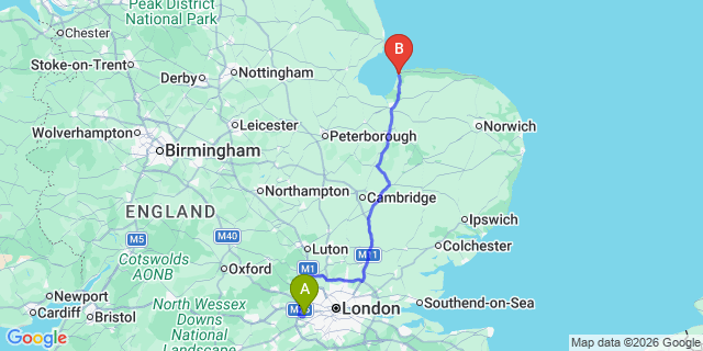Map: London Heathrow Airport (LHR) to Hunstanton