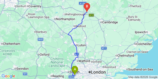 Map: London Heathrow Airport (LHR) to Huntingdon