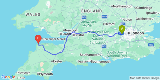 Map: London Heathrow Airport (LHR) to Ilfracombe