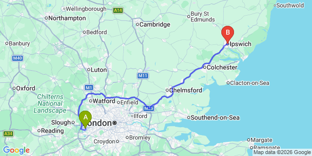 Map: London Heathrow Airport (LHR) to Ipswich