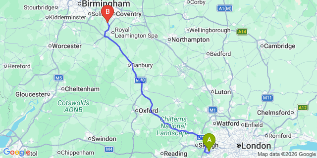 Map: London Heathrow Airport (LHR) to Kenilworth