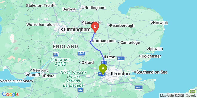 Map: London Heathrow Airport (LHR) to Kettering