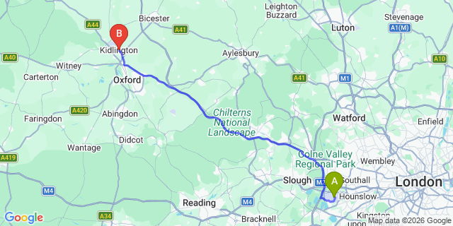 Map: London Heathrow Airport (LHR) to Kidlington