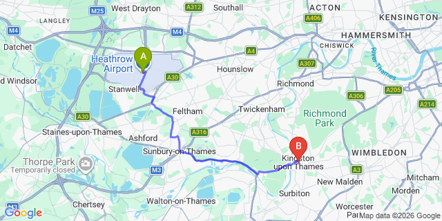 Map: London Heathrow Airport (LHR) to Kingston Upon Thames