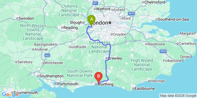 Map: London Heathrow Airport (LHR) to Lancing