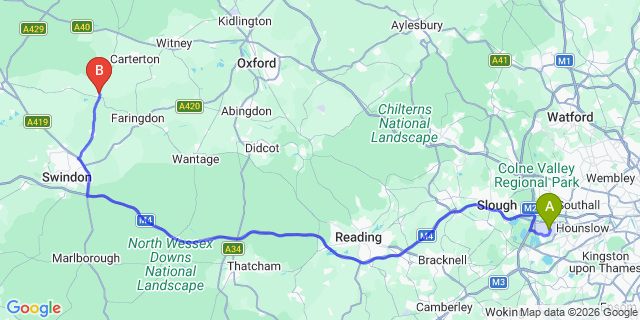 Map: London Heathrow Airport (LHR) to Lechlade