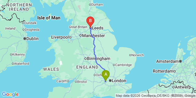 Map: London Heathrow Airport (LHR) to Leeds
