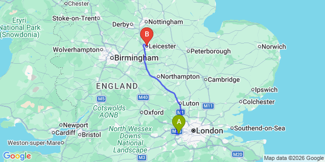 Map: London Heathrow Airport (LHR) to Leicester