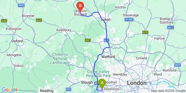 Map: London Heathrow Airport (LHR) to Leighton Buzzard