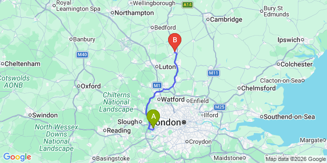 Map: London Heathrow Airport (LHR) to Letchworth