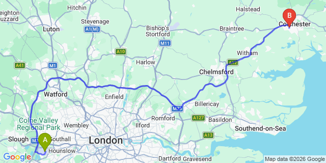Map: London Heathrow Airport (LHR) to Lexden
