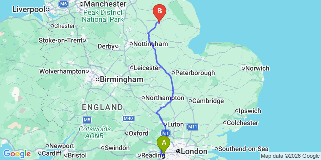 Map: London Heathrow Airport (LHR) to Lincoln