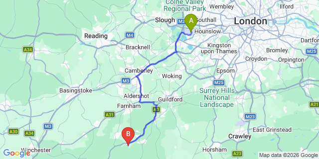 Map: London Heathrow Airport (LHR) to Liphook