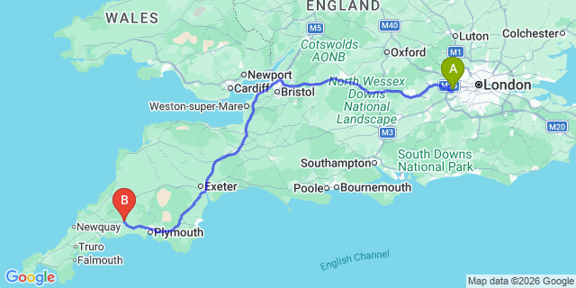 Map: London Heathrow Airport (LHR) to Liskeard