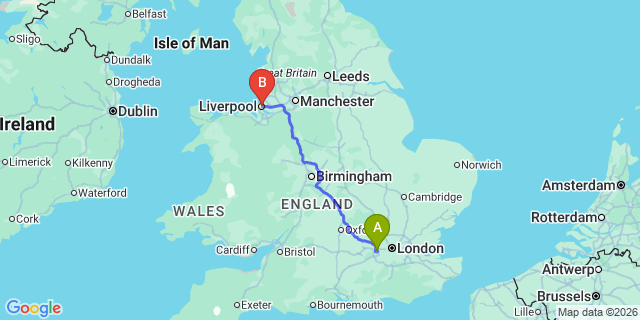 Map: London Heathrow Airport (LHR) to Liverpool