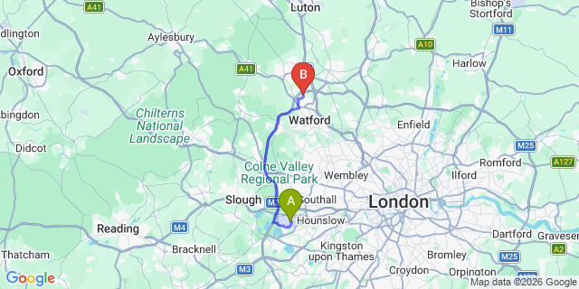 Map: London Heathrow Airport (LHR) to London - Abbots Langley