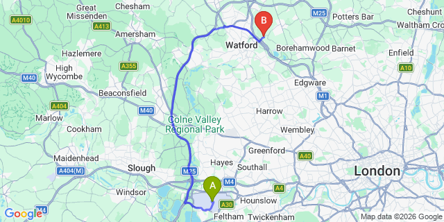 Map: London Heathrow Airport (LHR) to London - Aldenham