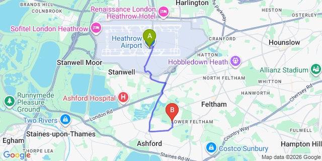 Map: London Heathrow Airport (LHR) to London - Ashford