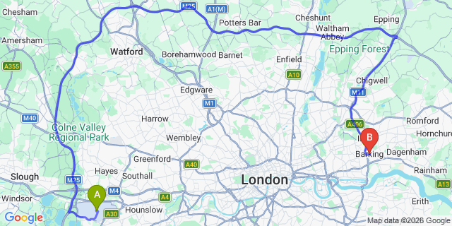 Map: London Heathrow Airport (LHR) to London - Barking