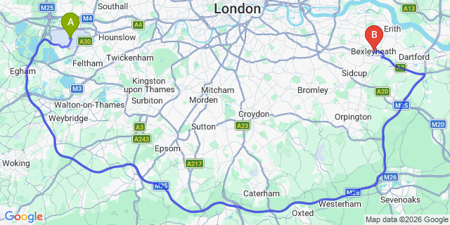 Map: London Heathrow Airport (LHR) to London - Bexleyheath