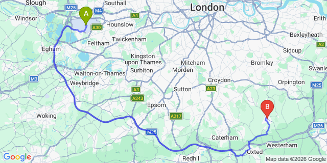 Map: London Heathrow Airport (LHR) to London - Biggin Hill